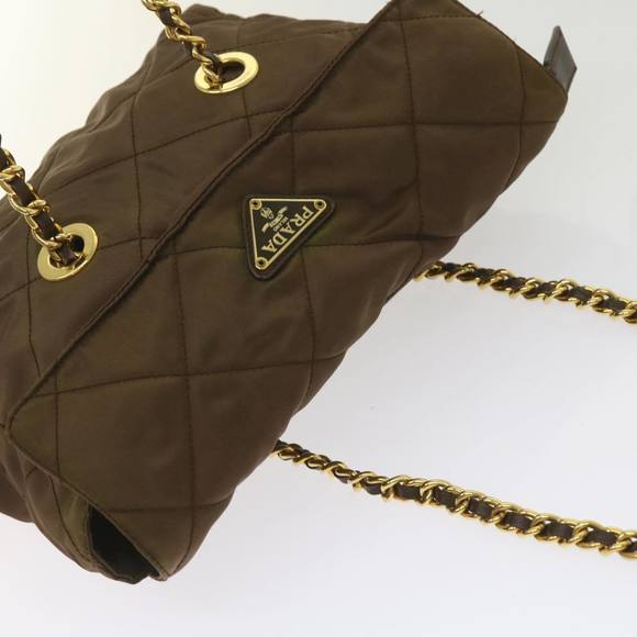 PRADA Quilted Chain Shoulder Bag Nylon Brown Auth yk10527 - Picture 6 of 16